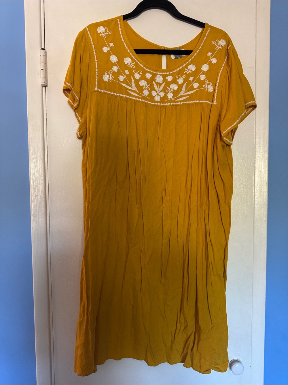 Old Navy gold yellow w/ ivory Mexican boho embroidery midi tunic shift dress XXL